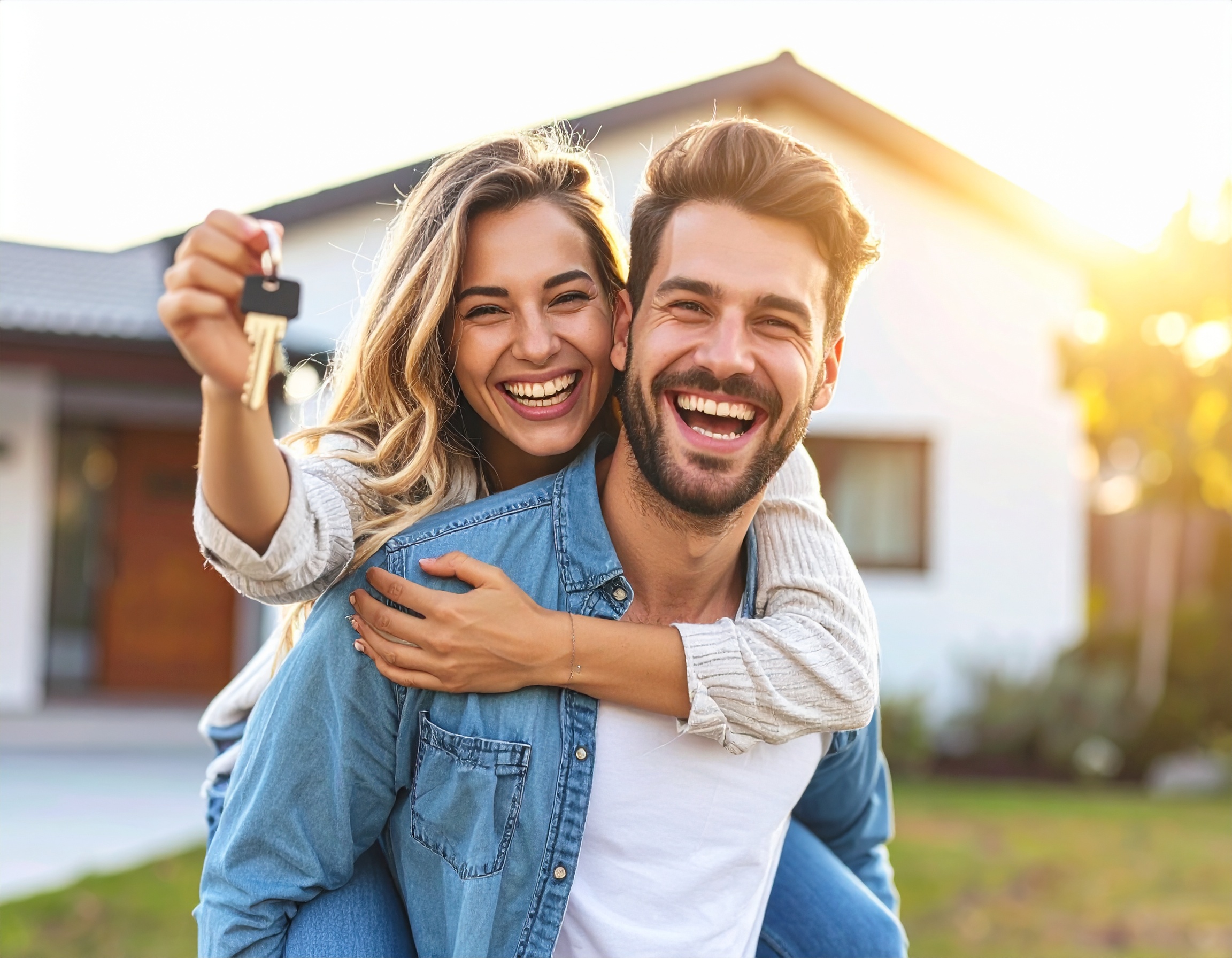 Happy couple in front of house
